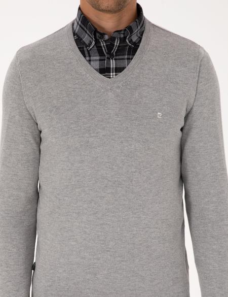 Açık Gri Melanj Slim Fit V Yaka Basic Triko Kazak - 50314190128