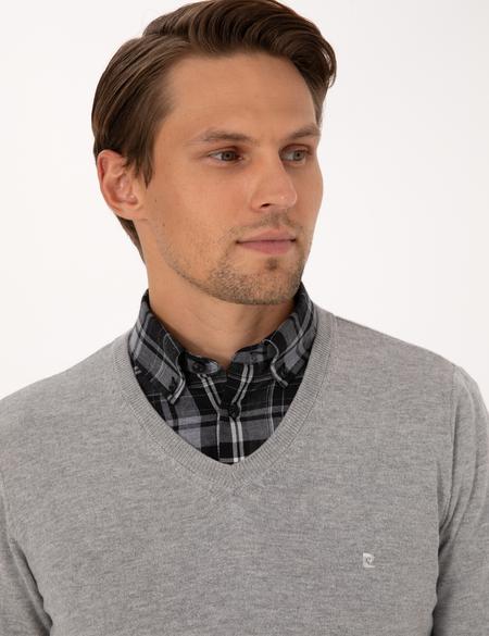 Açık Gri Melanj Slim Fit V Yaka Basic Triko Kazak - 50314190128