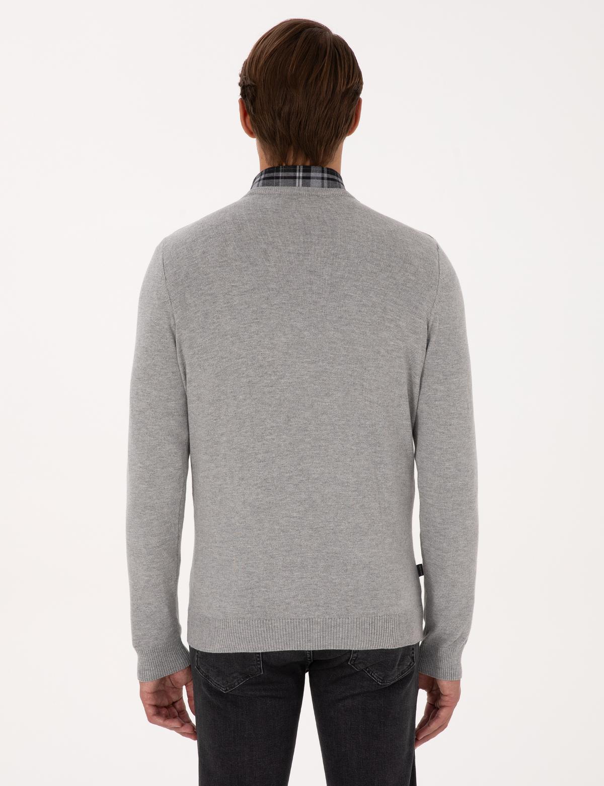 Açık Gri Melanj Slim Fit V Yaka Basic Triko Kazak - 50314190128