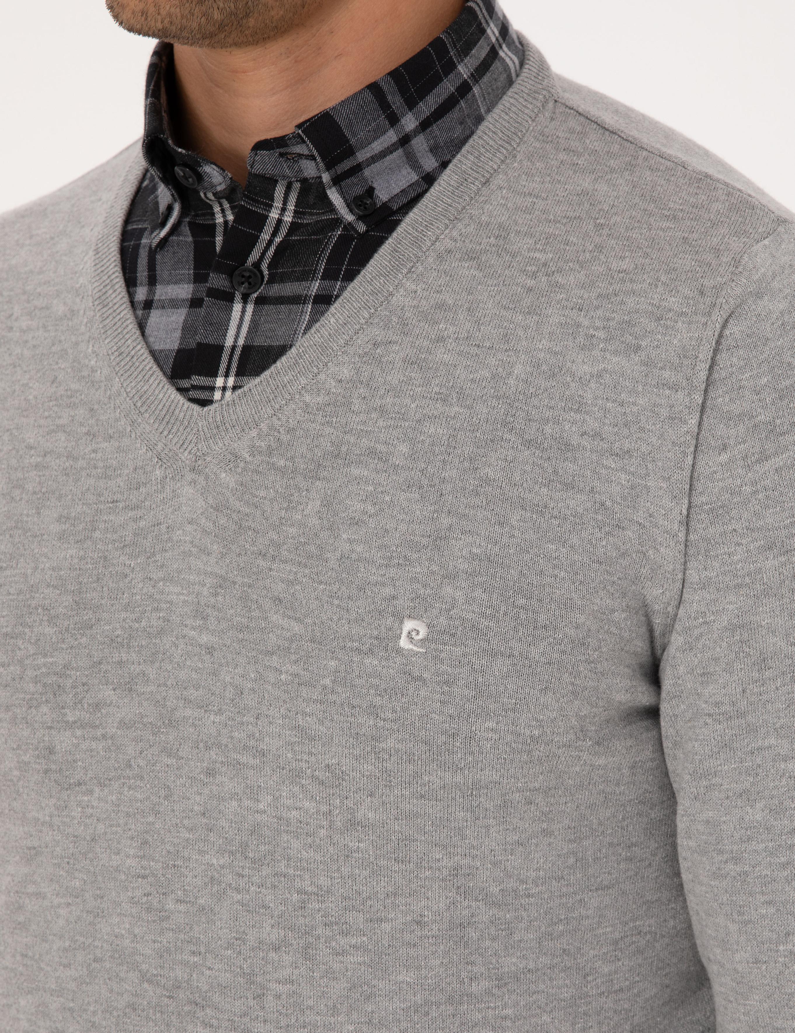 Açık Gri Melanj Slim Fit V Yaka Basic Triko Kazak