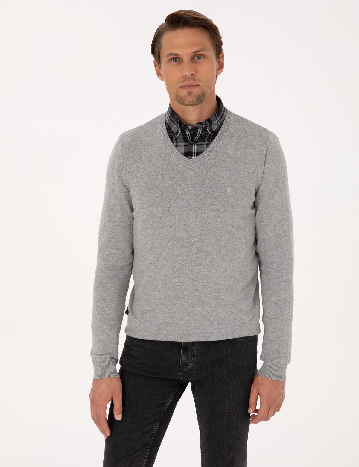 Açık Gri Melanj Slim Fit V Yaka Basic Triko Kazak