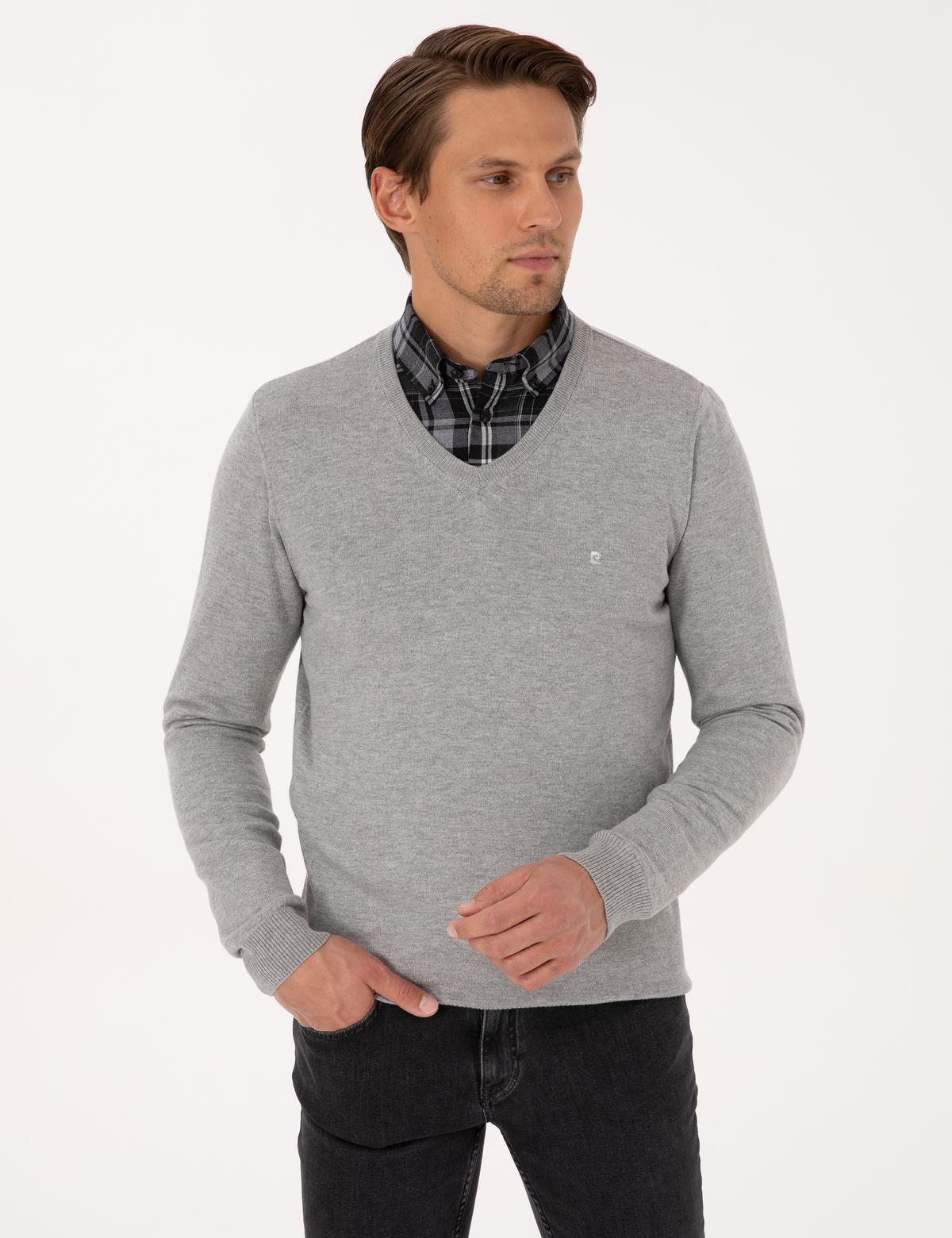 Açık Gri Melanj Slim Fit V Yaka Basic Triko Kazak - 50314190128