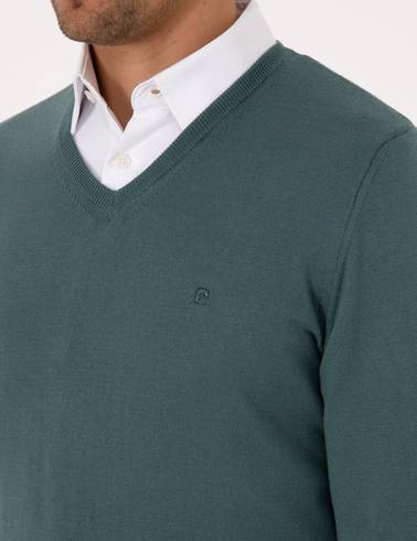 Yeşil Slim Fit V Yaka Basic Triko Kazak