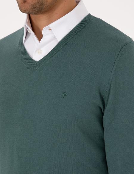 Yeşil Slim Fit V Yaka Basic Triko Kazak - 50314190115