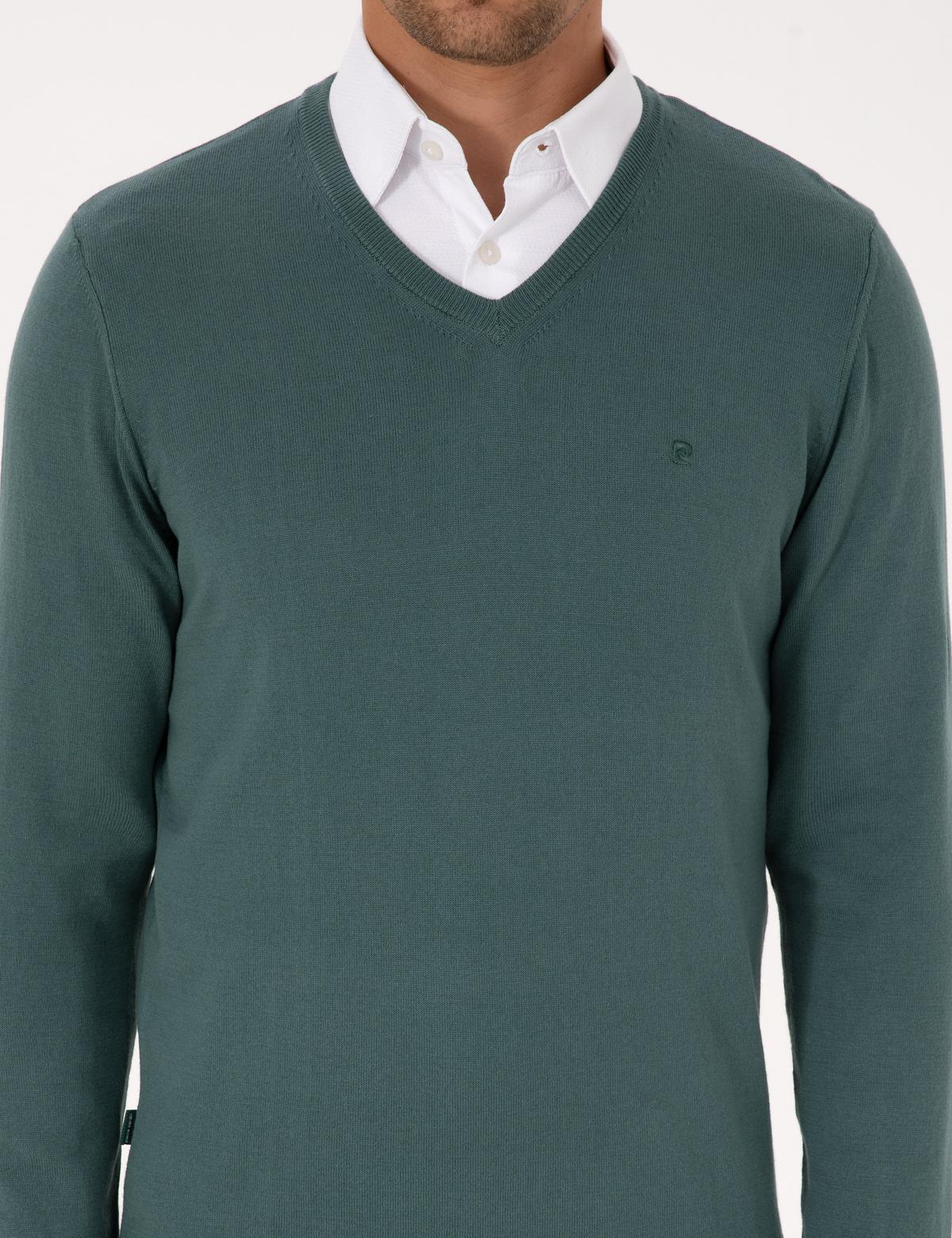 Yeşil Slim Fit V Yaka Basic Triko Kazak - 50314190115