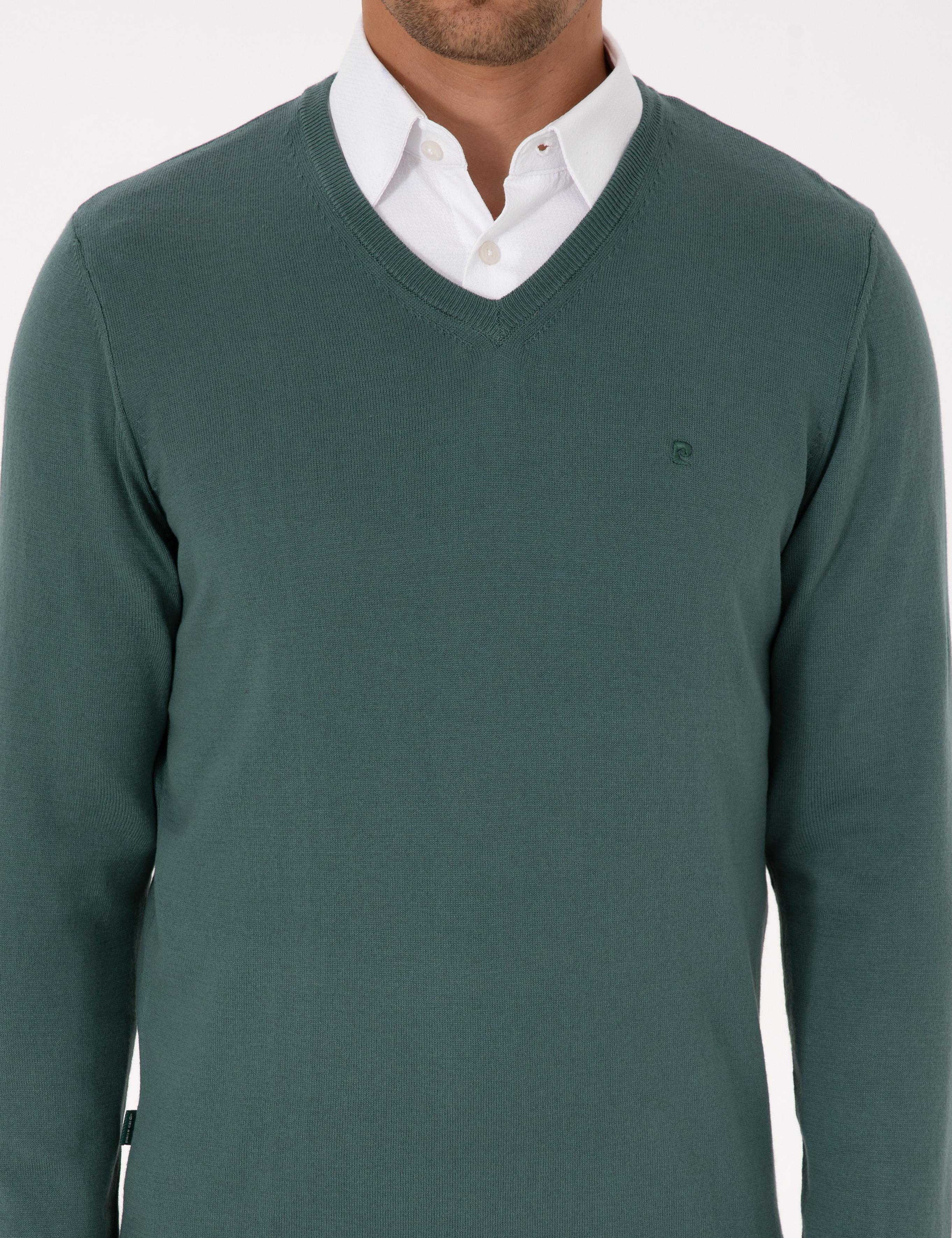 Yeşil Slim Fit V Yaka Basic Triko Kazak