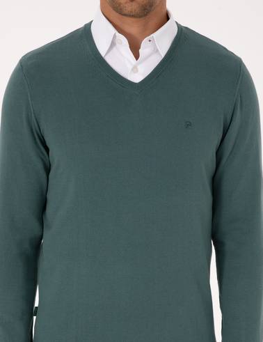 Yeşil Slim Fit V Yaka Basic Triko Kazak