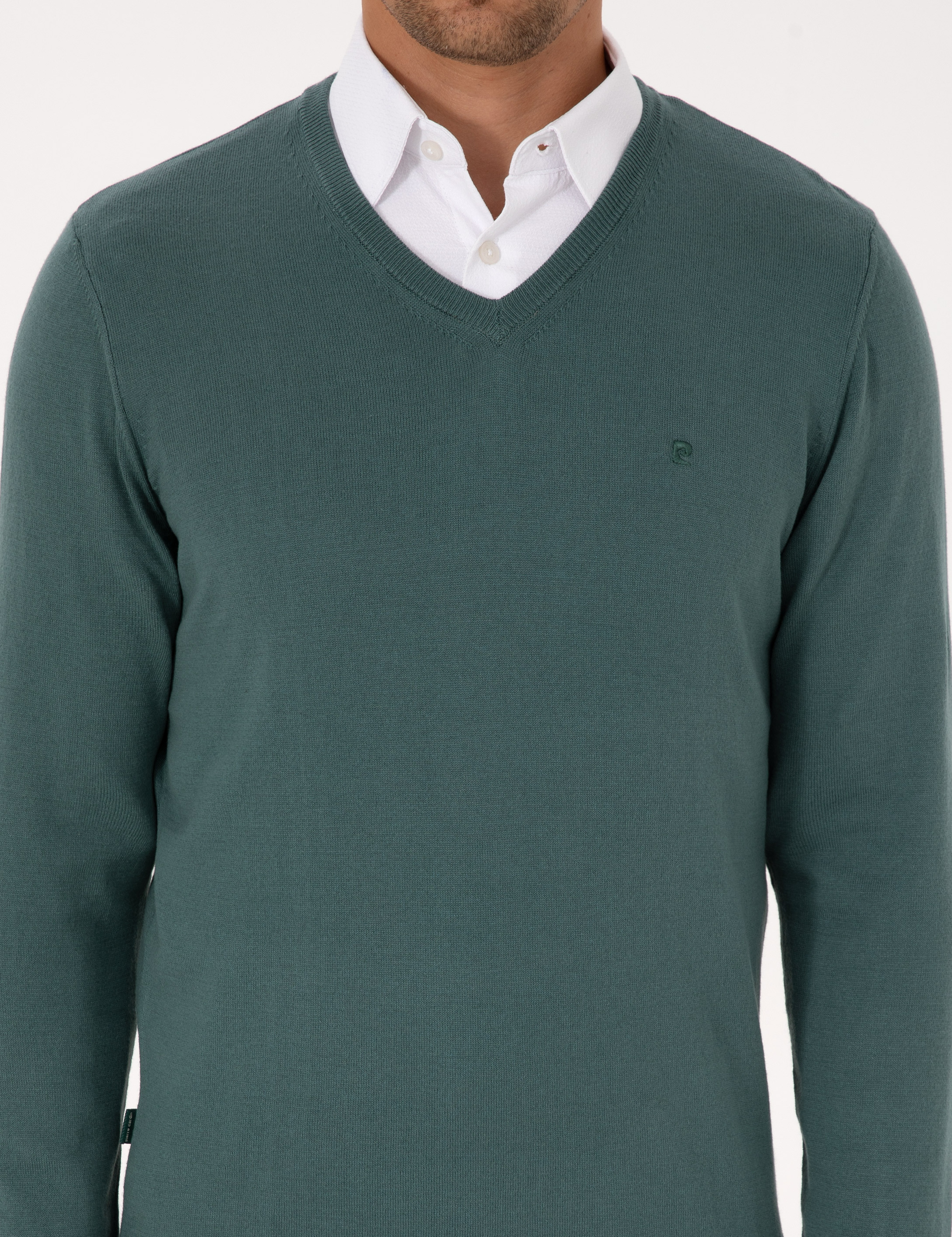 Yeşil Slim Fit V Yaka Basic Triko Kazak - Image 6