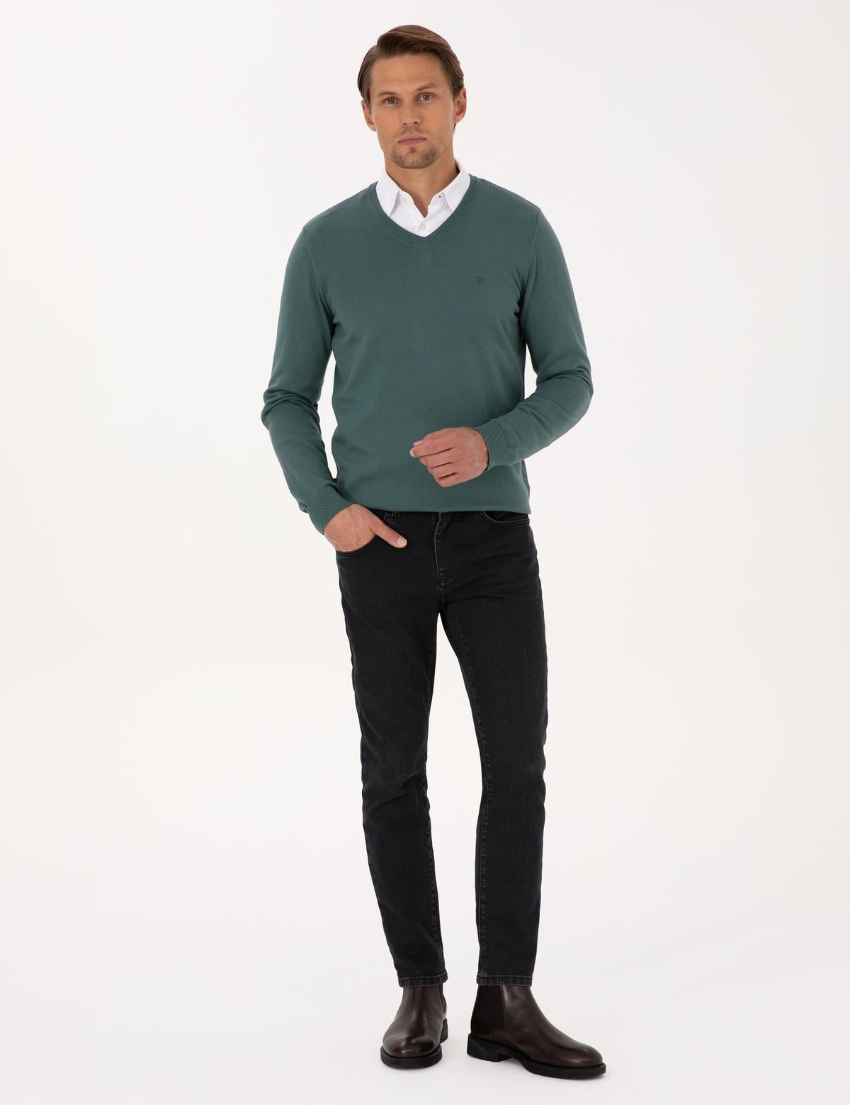 Yeşil Slim Fit V Yaka Basic Triko Kazak - 50314190115