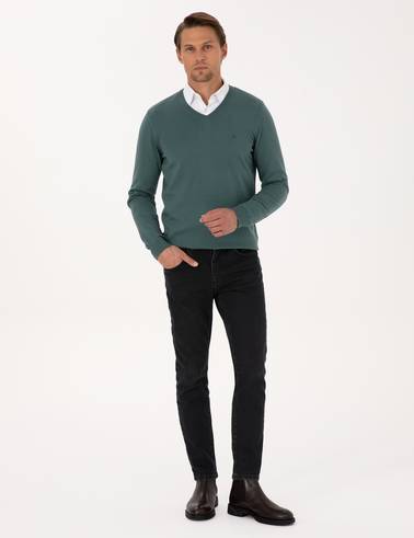 Yeşil Slim Fit V Yaka Basic Triko Kazak