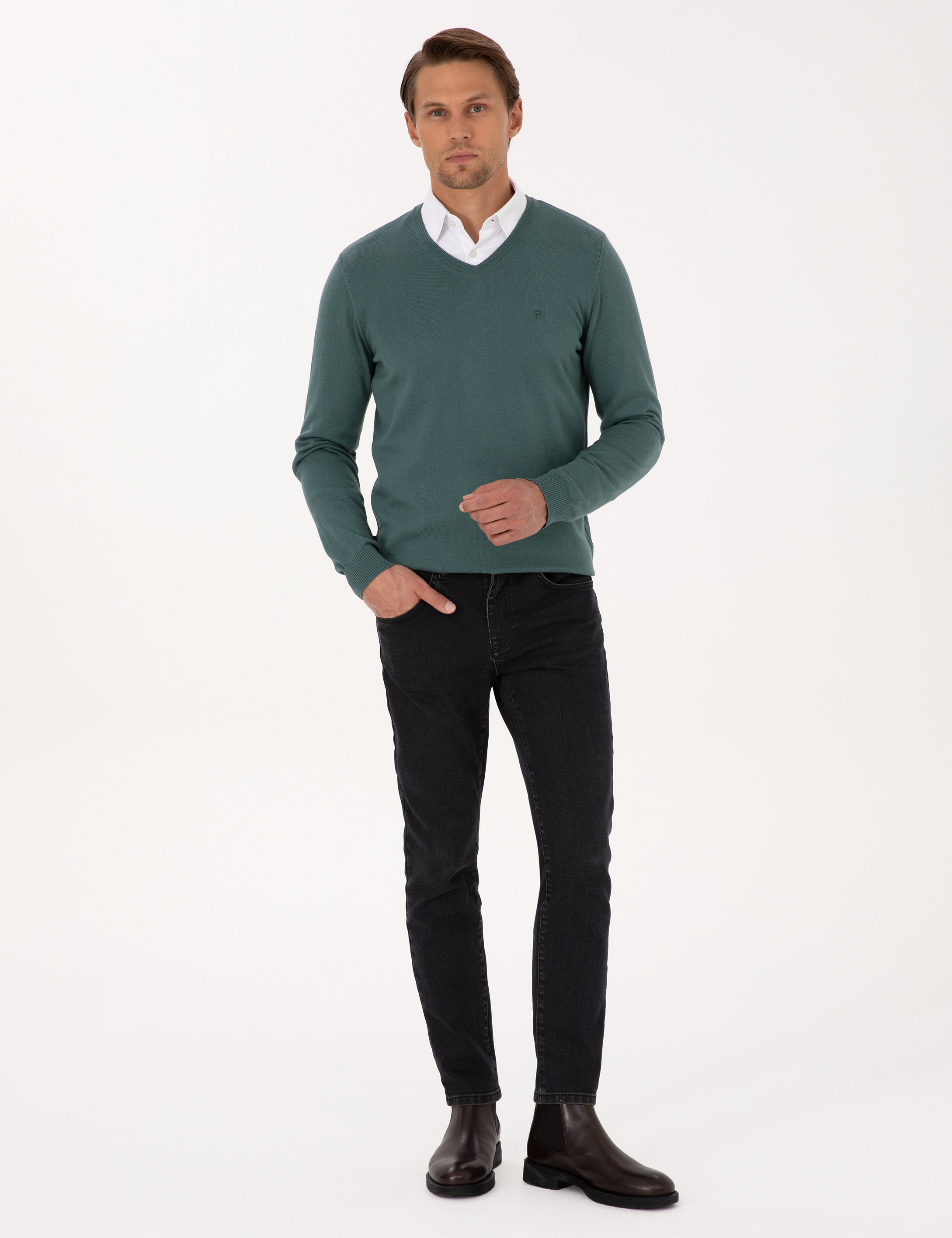 Yeşil Slim Fit V Yaka Basic Triko Kazak