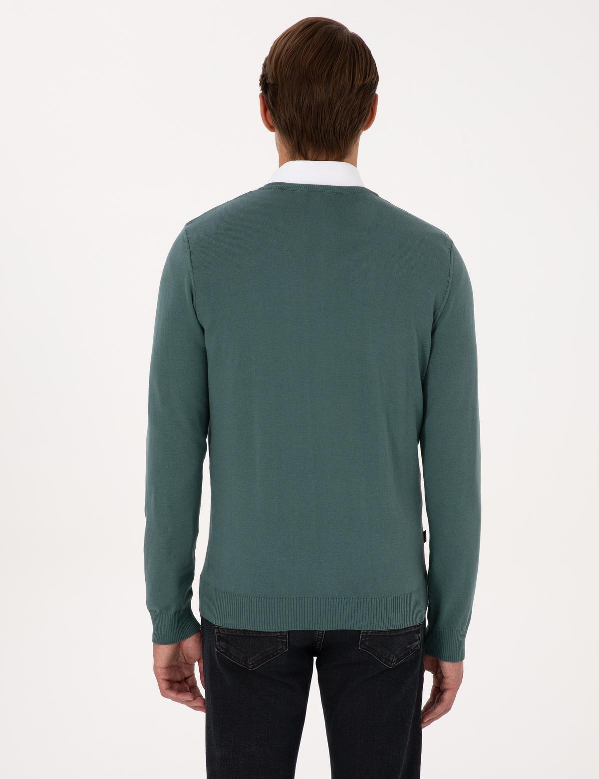 Yeşil Slim Fit V Yaka Basic Triko Kazak - 50314190115