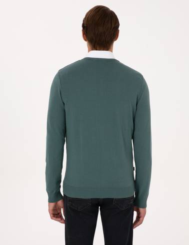 Yeşil Slim Fit V Yaka Basic Triko Kazak