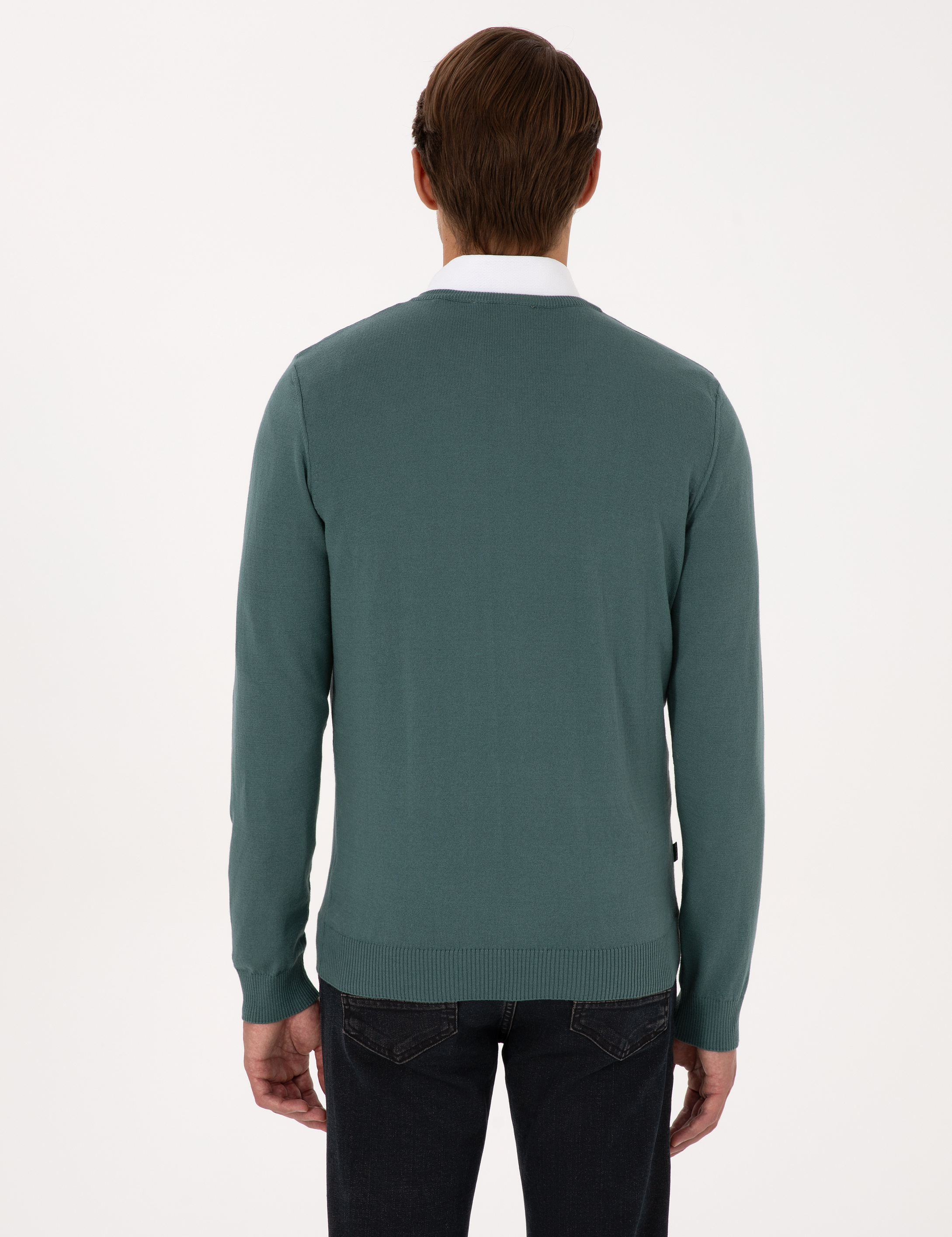 Yeşil Slim Fit V Yaka Basic Triko Kazak
