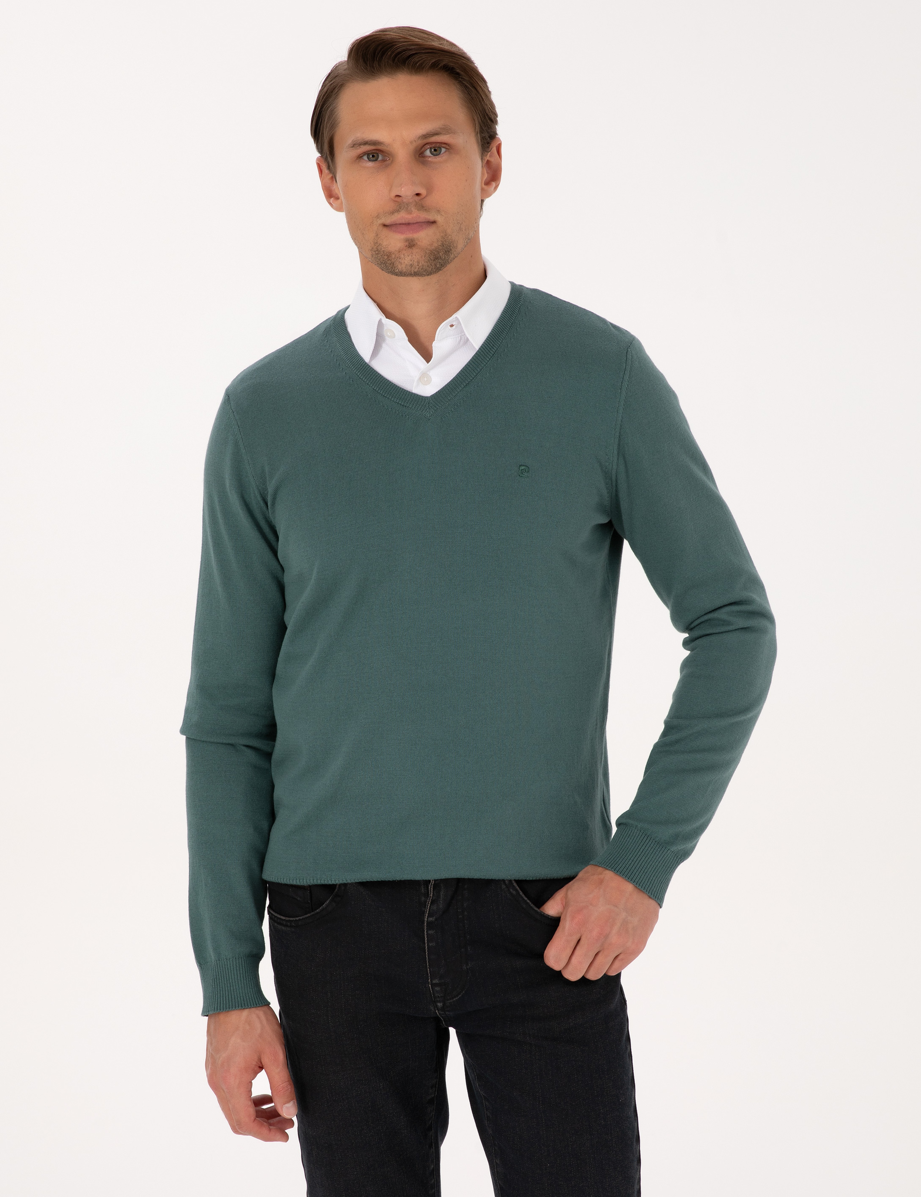 Yeşil Slim Fit V Yaka Basic Triko Kazak - Image 3