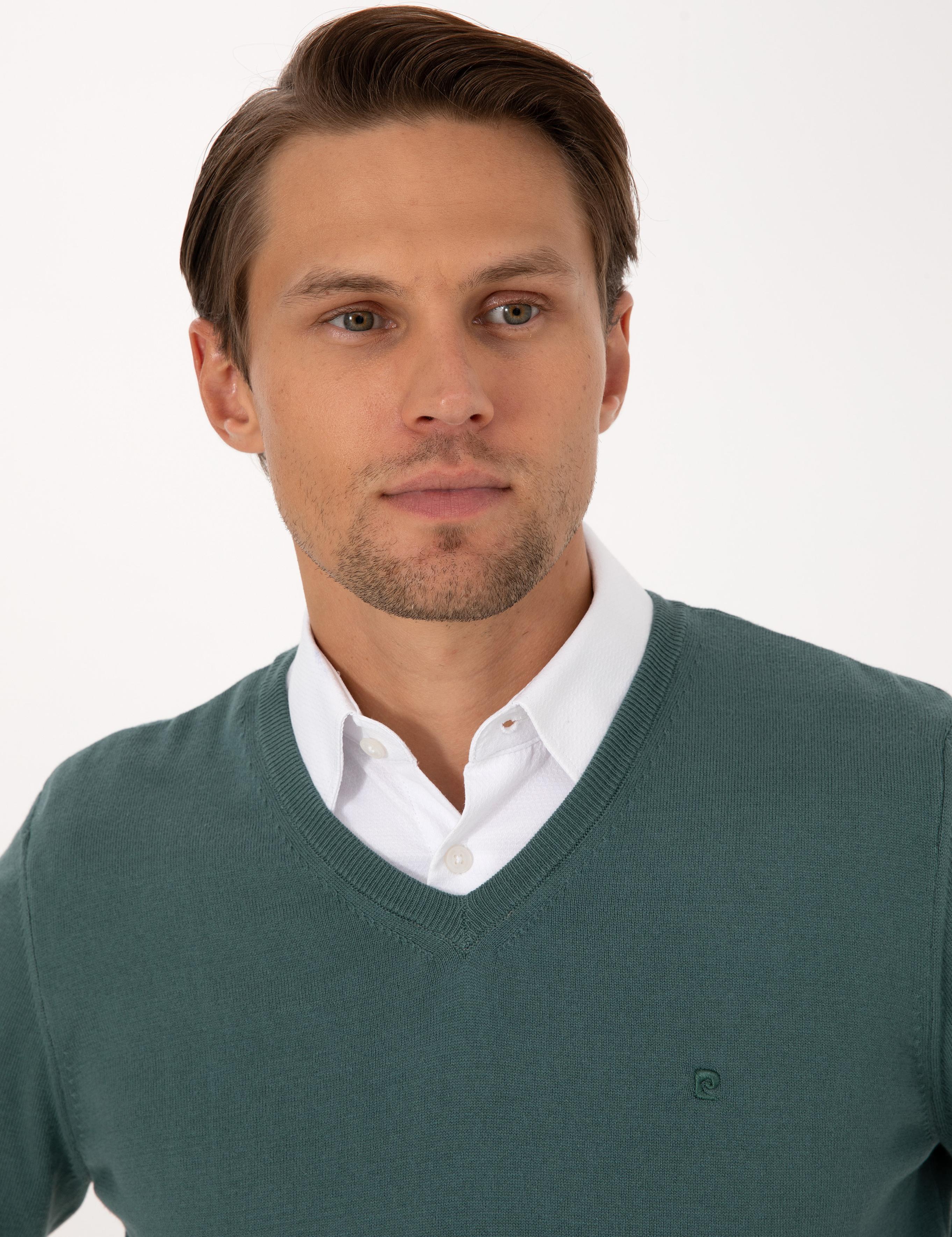 Yeşil Slim Fit V Yaka Basic Triko Kazak