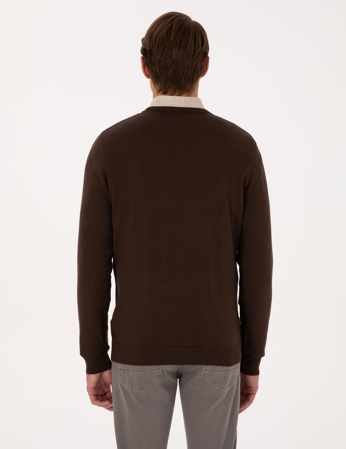 Kahverengi Slim Fit V Yaka Basic Triko Kazak - 50314190085