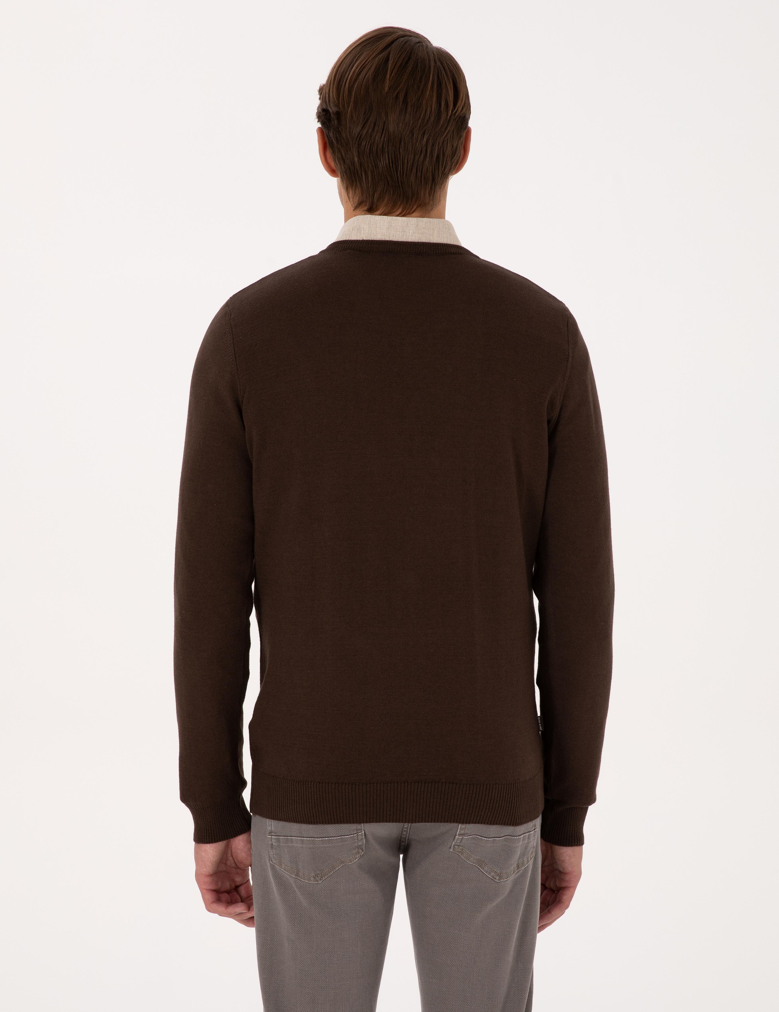 Kahverengi Slim Fit V Yaka Basic Triko Kazak