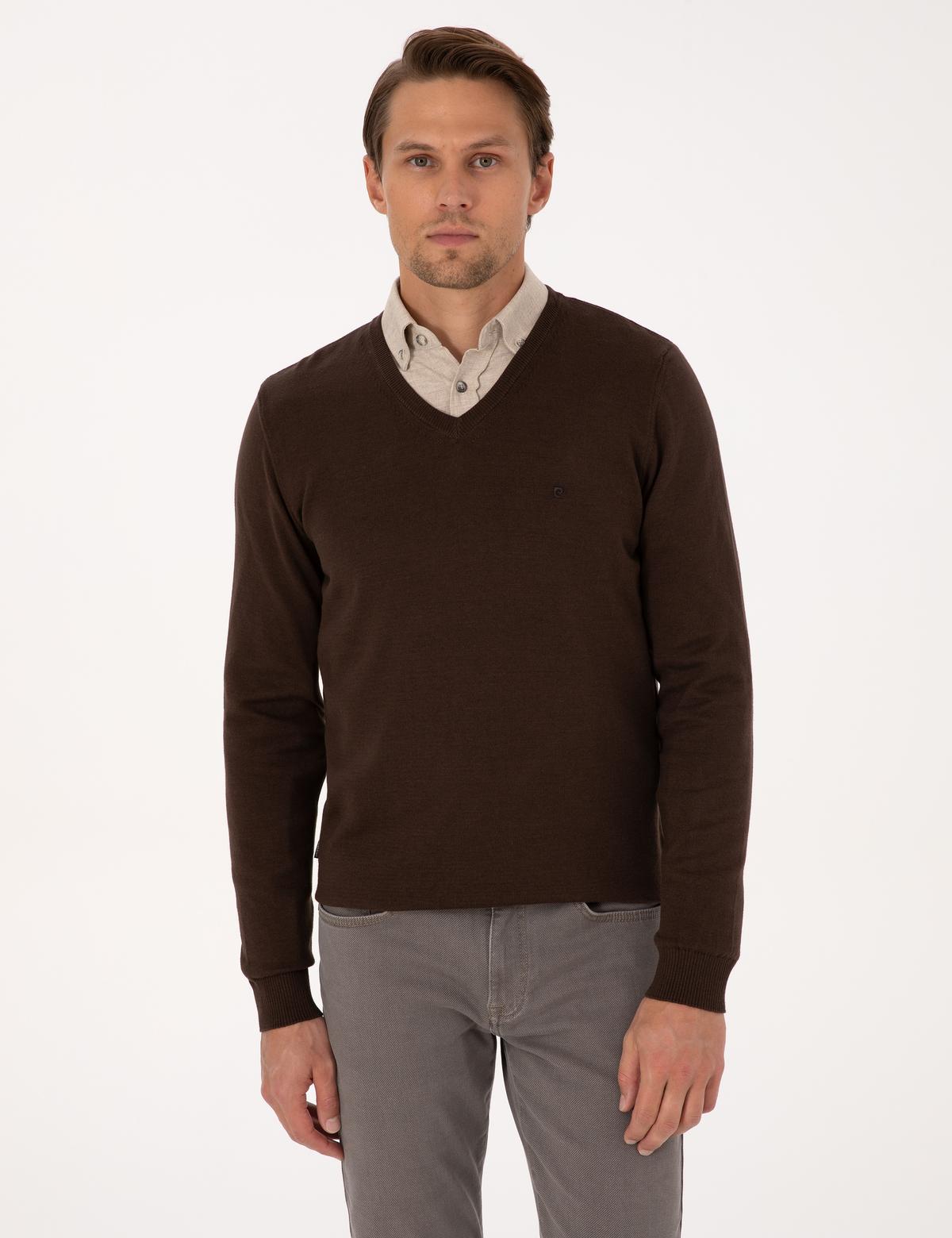 Kahverengi Slim Fit V Yaka Basic Triko Kazak - 50314190085