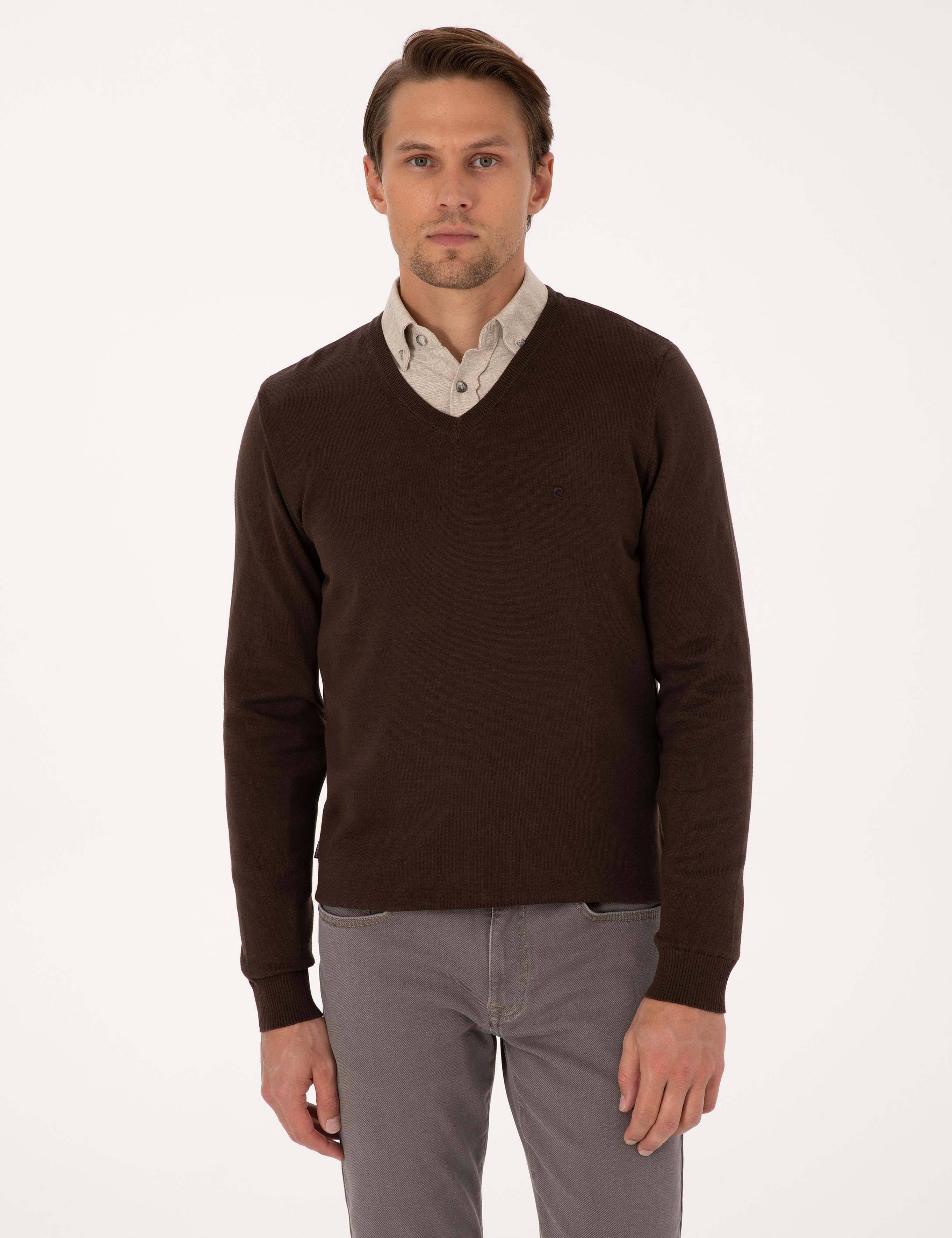 Kahverengi Slim Fit V Yaka Basic Triko Kazak