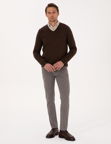 Kahverengi Slim Fit V Yaka Basic Triko Kazak - 50314190085