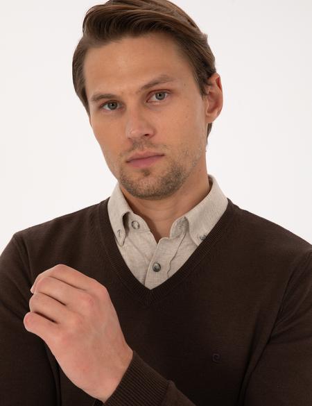 Kahverengi Slim Fit V Yaka Basic Triko Kazak - 50314190085