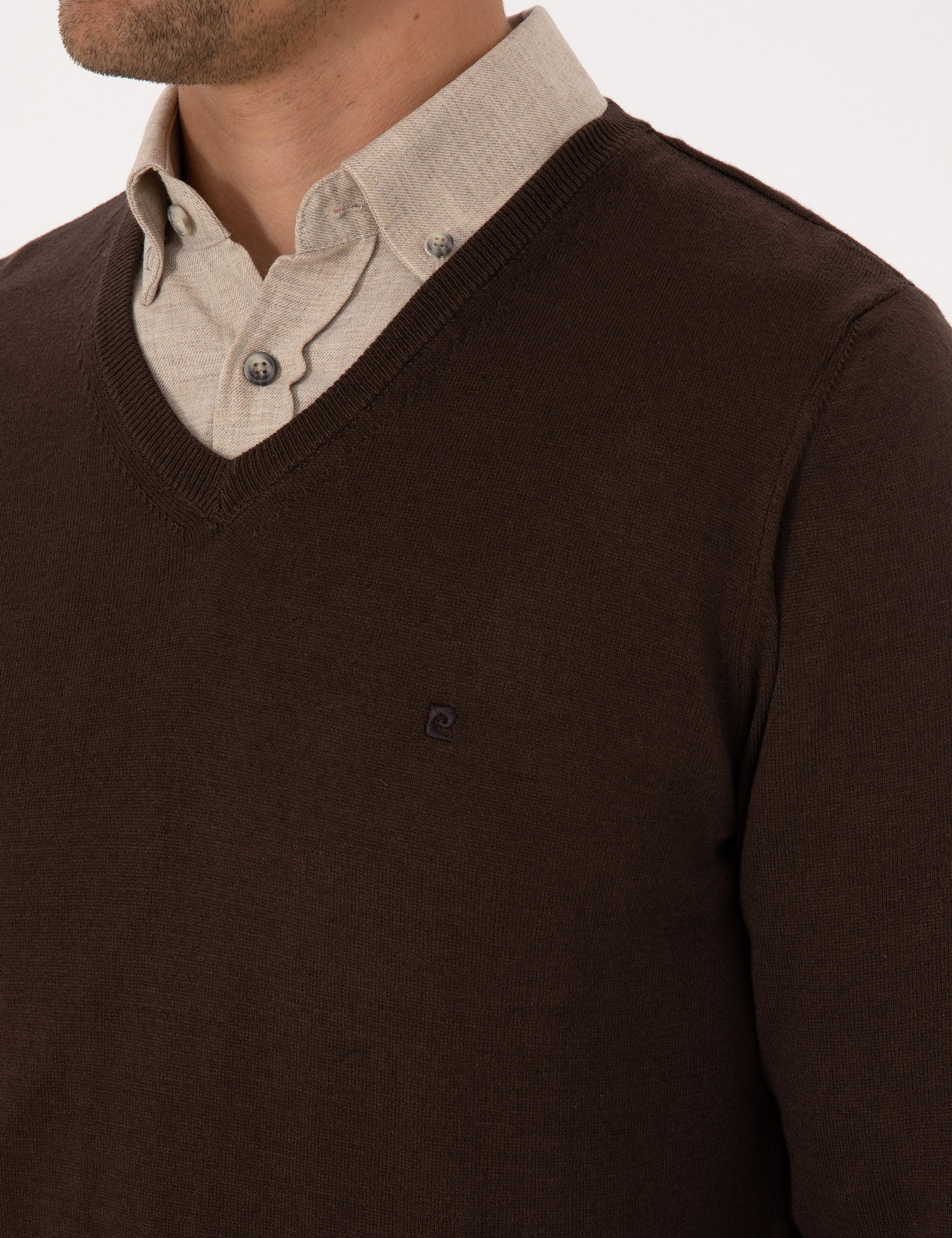 Kahverengi Slim Fit V Yaka Basic Triko Kazak