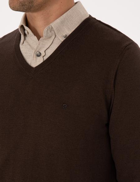 Kahverengi Slim Fit V Yaka Basic Triko Kazak - 50314190085