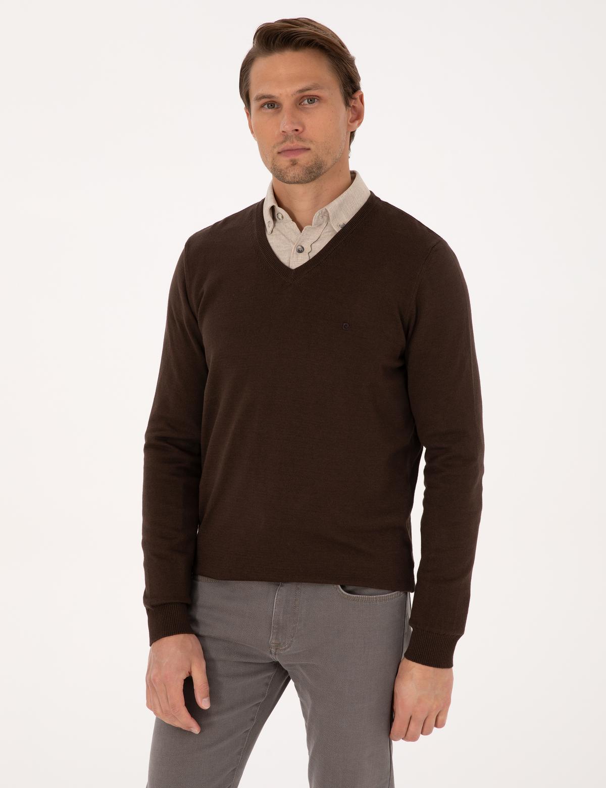 Kahverengi Slim Fit V Yaka Basic Triko Kazak