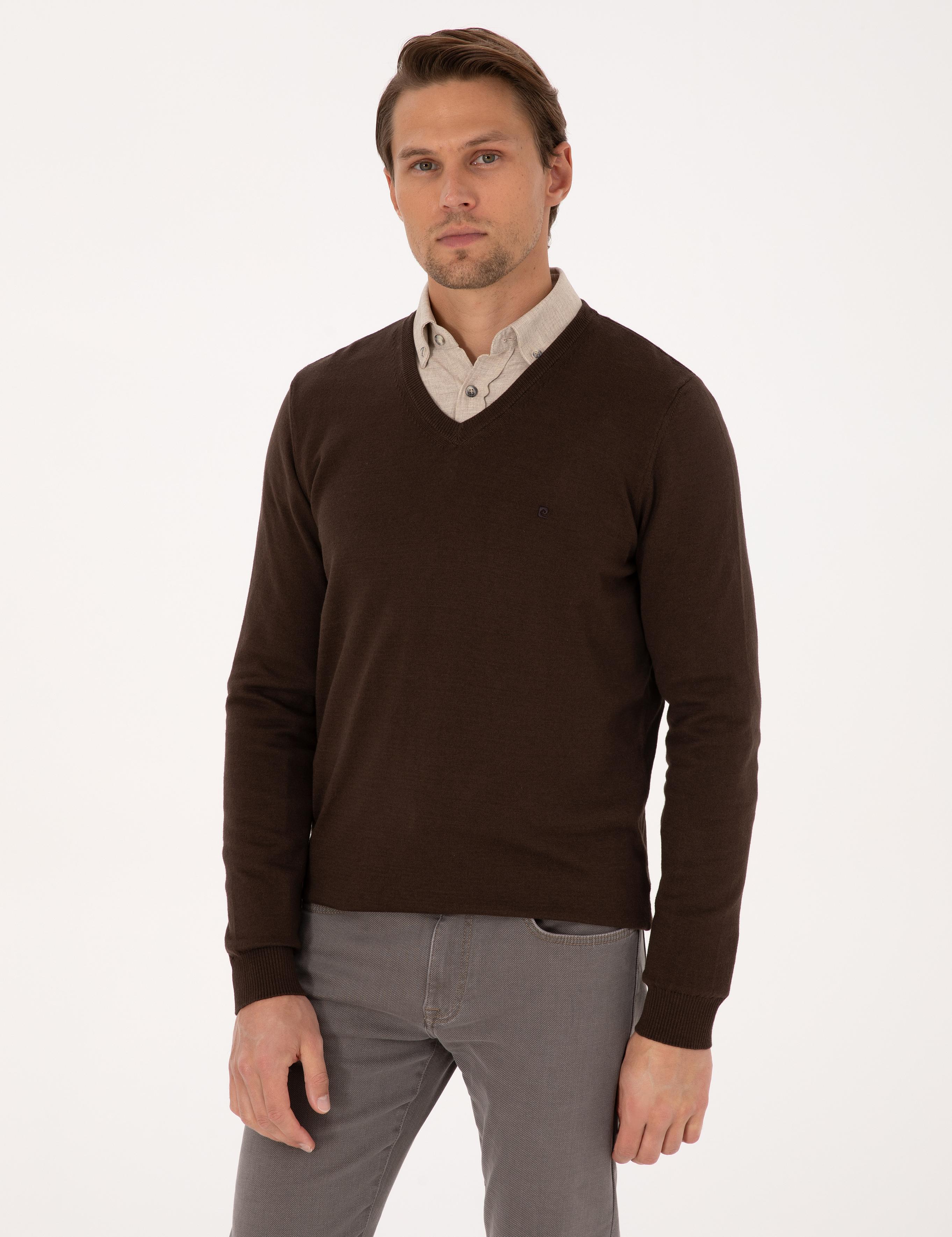 Kahverengi Slim Fit V Yaka Basic Triko Kazak