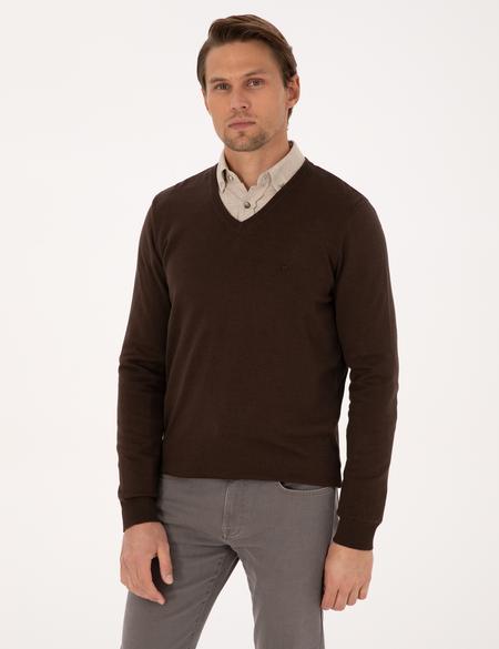 Kahverengi Slim Fit V Yaka Basic Triko Kazak - 50314190085