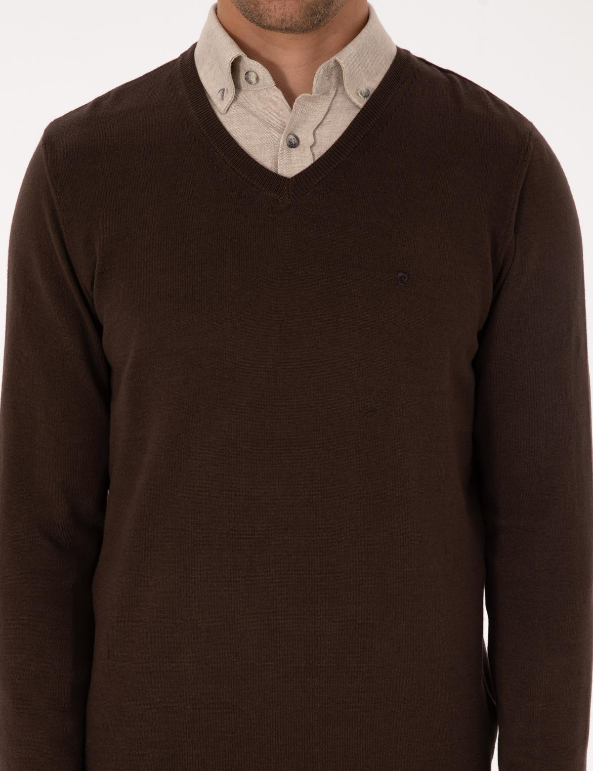 Kahverengi Slim Fit V Yaka Basic Triko Kazak - 50314190085