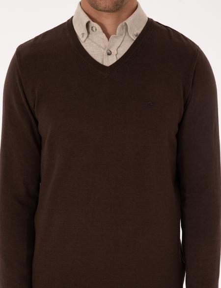 Kahverengi Slim Fit V Yaka Basic Triko Kazak - 50314190085