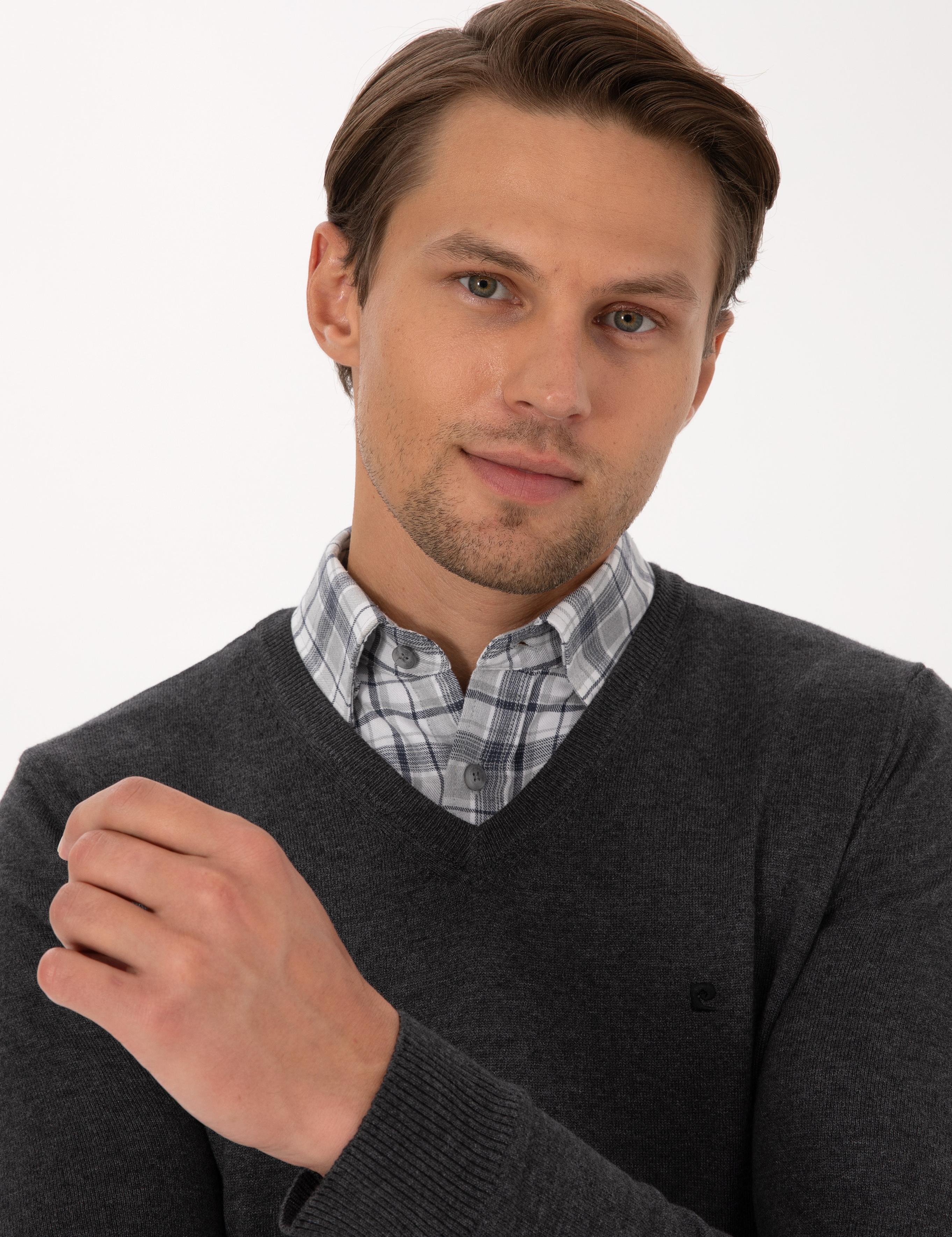 Antrasit Melanj Slim Fit V Yaka Basic Triko Kazak