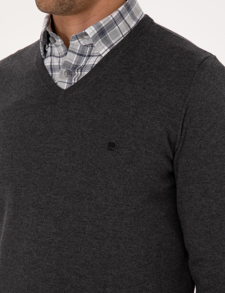 Antrasit Melanj Slim Fit V Yaka Basic Triko Kazak