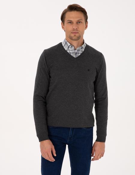 Antrasit Melanj Slim Fit V Yaka Basic Triko Kazak - 50314190067