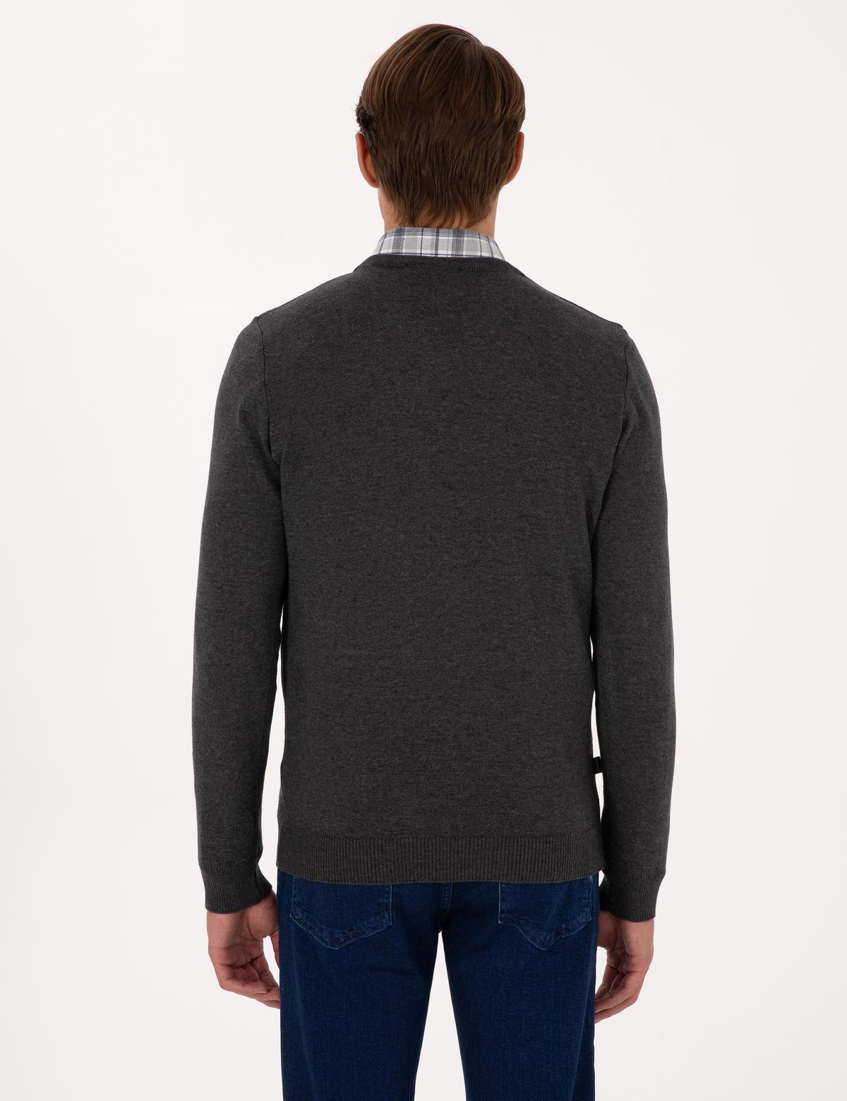 Antrasit Melanj Slim Fit V Yaka Basic Triko Kazak - 50314190067