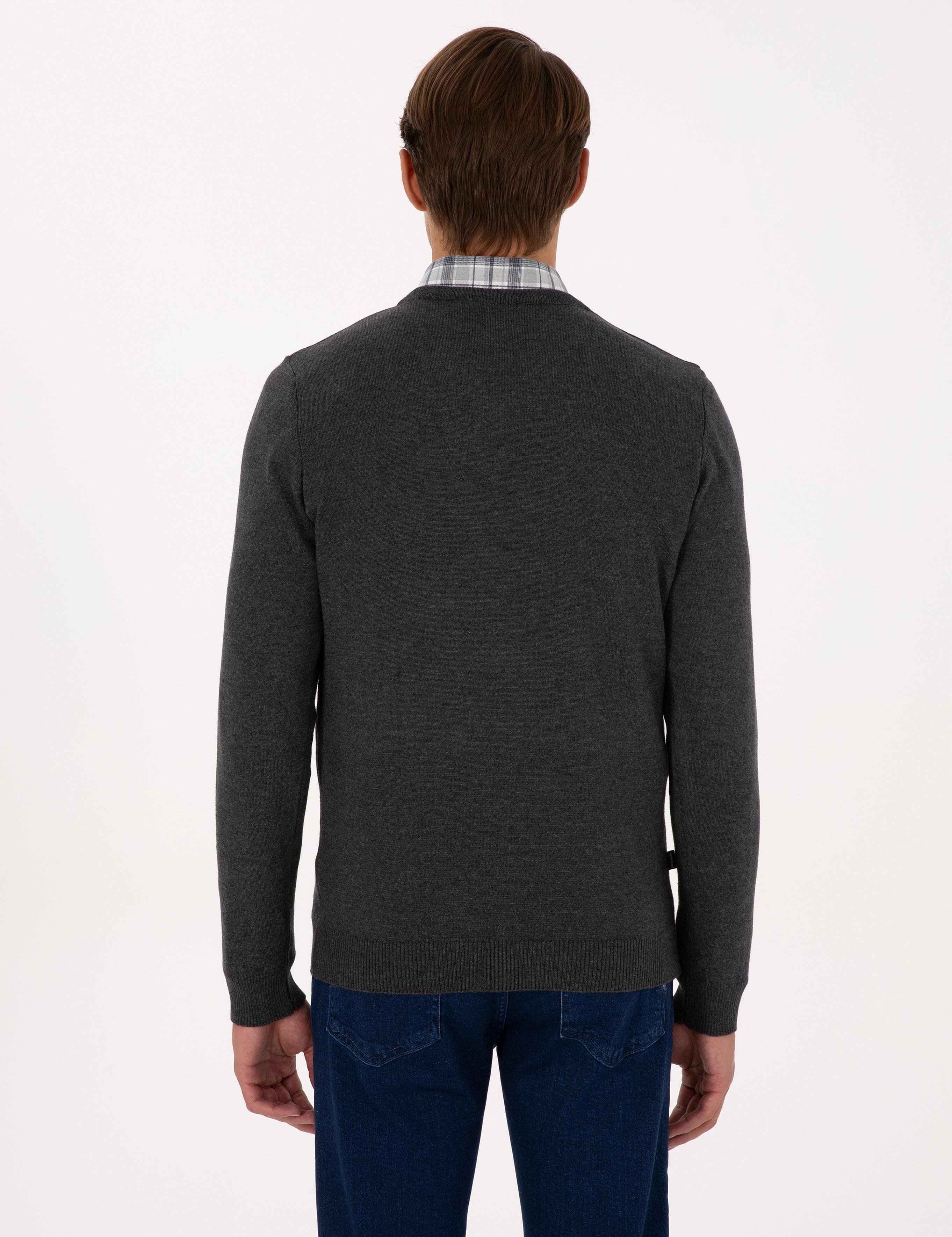 Antrasit Melanj Slim Fit V Yaka Basic Triko Kazak