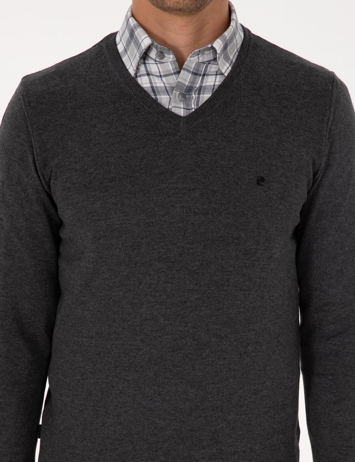 Antrasit Melanj Slim Fit V Yaka Basic Triko Kazak - 50314190067