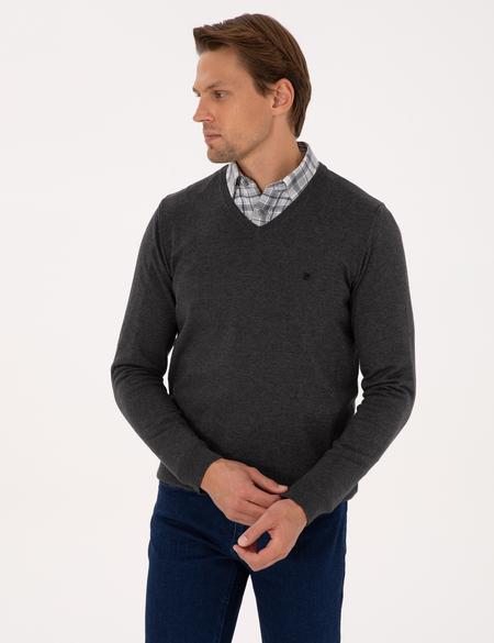 Antrasit Melanj Slim Fit V Yaka Basic Triko Kazak - 50314190067