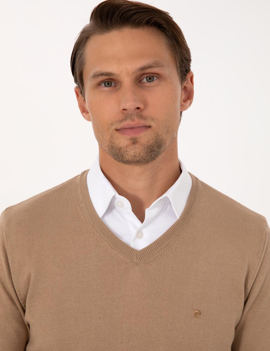 Camel Slim Fit V Yaka Basic Triko Kazak