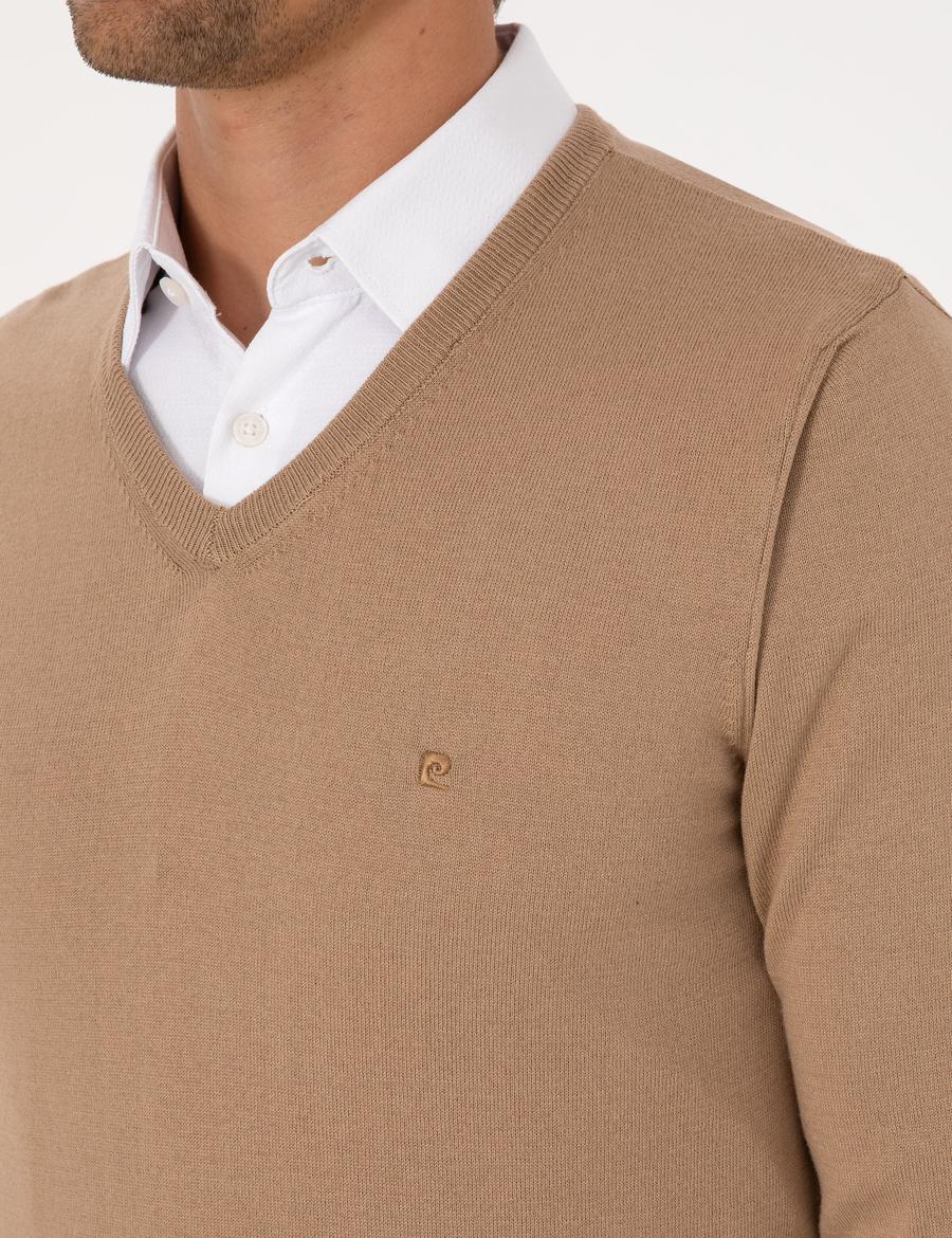 Camel Slim Fit V Yaka Basic Triko Kazak