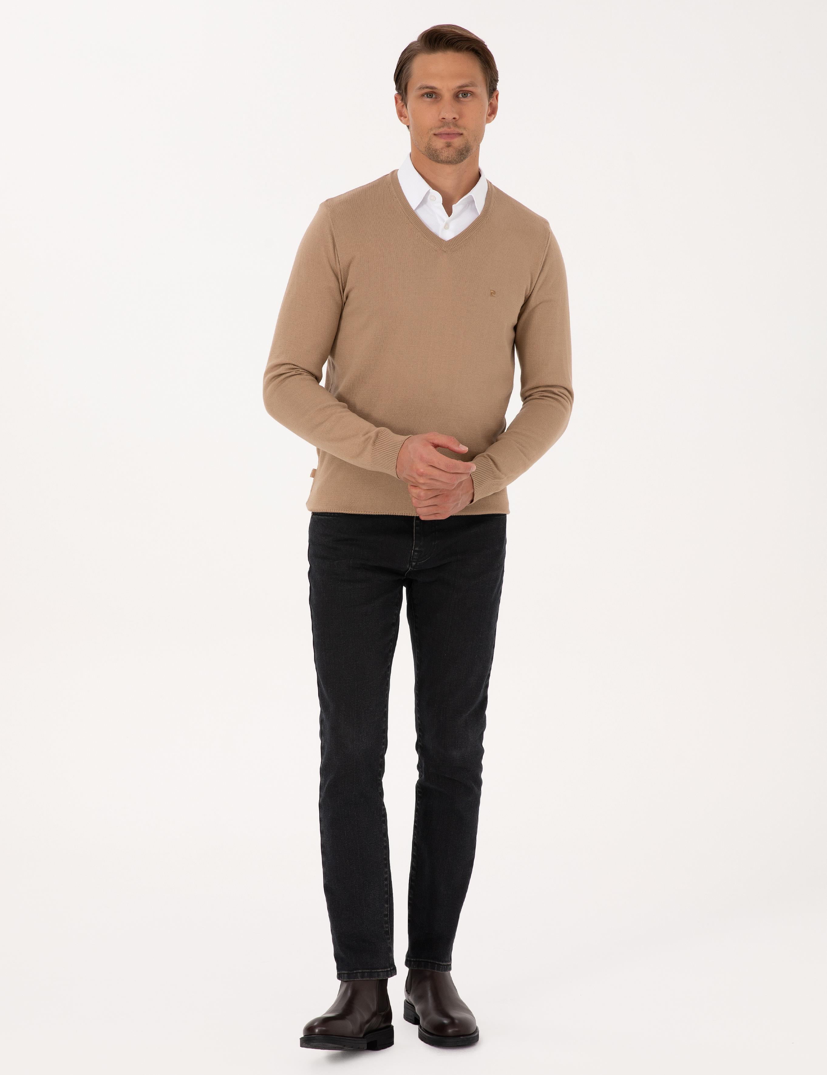 Camel Slim Fit V Yaka Basic Triko Kazak