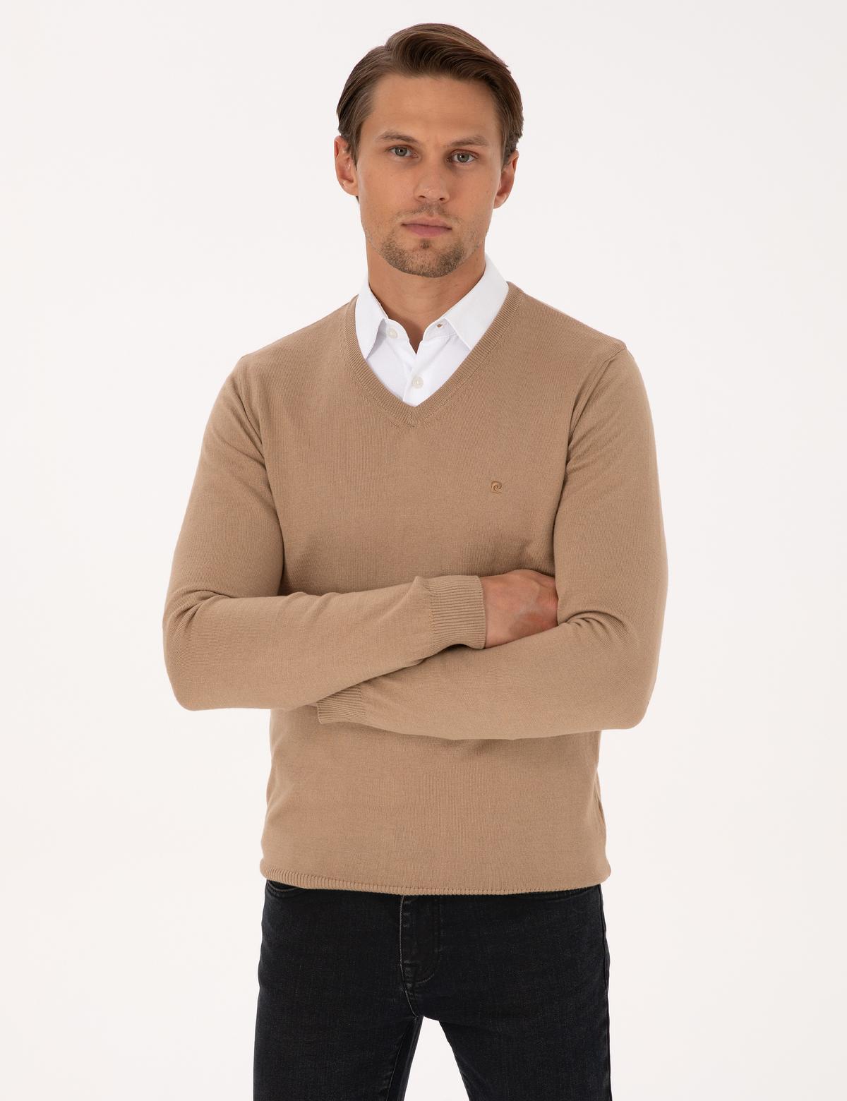 Camel Slim Fit V Yaka Basic Triko Kazak - 50314190077