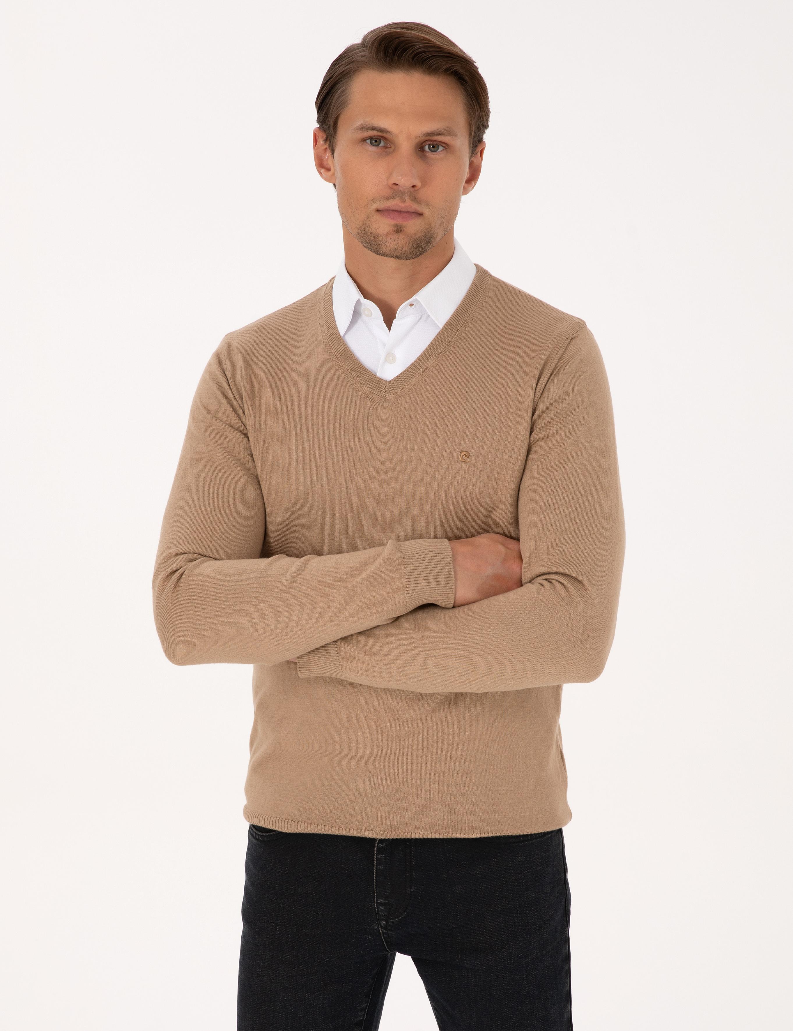 Camel Slim Fit V Yaka Basic Triko Kazak