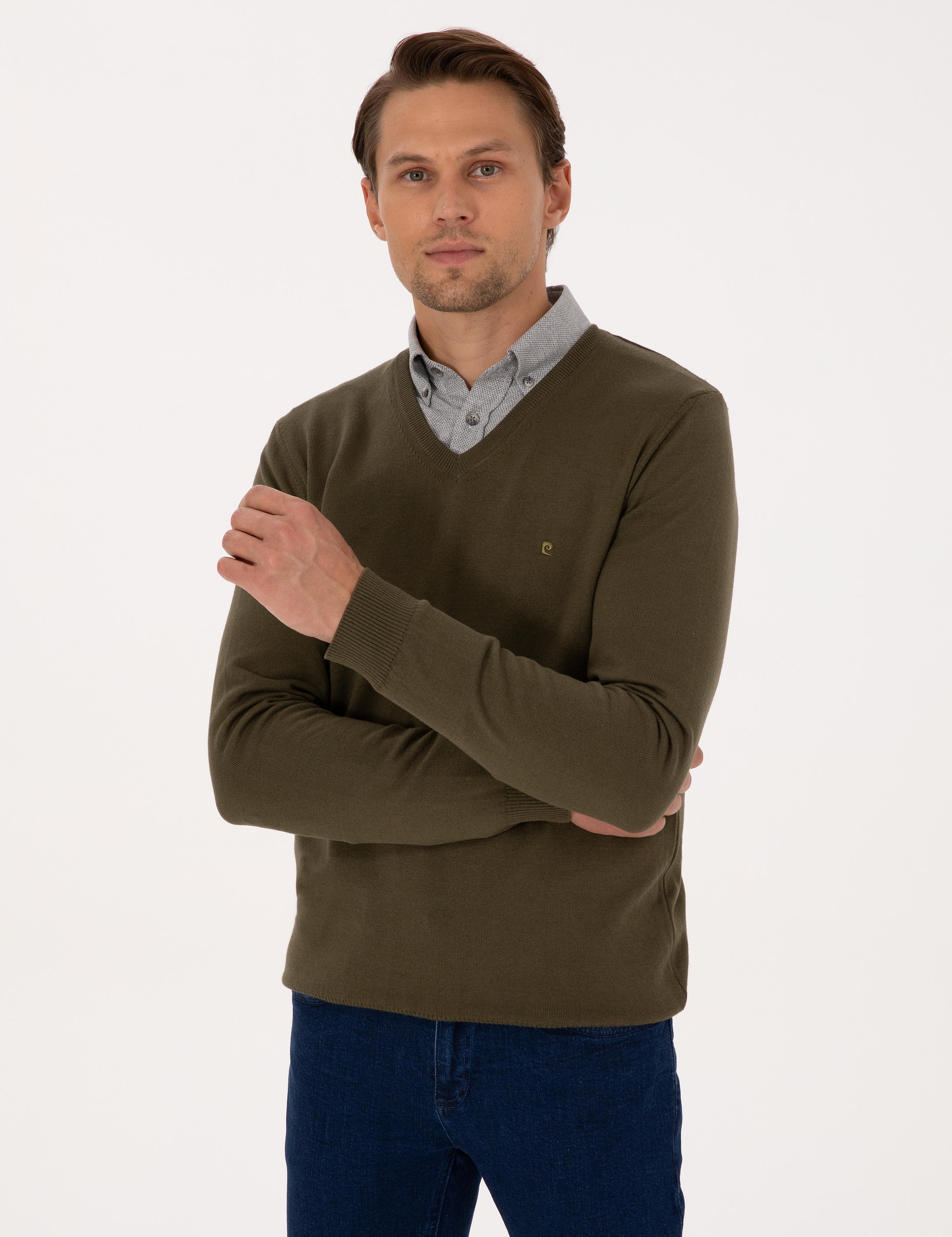 Koyu Haki Slim Fit V Yaka Basic Triko Kazak