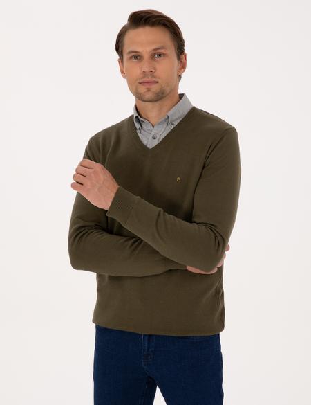 Koyu Haki Slim Fit V Yaka Basic Triko Kazak - 50314190036