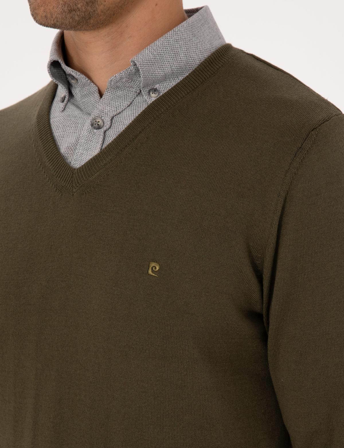 Koyu Haki Slim Fit V Yaka Basic Triko Kazak - 50314190036