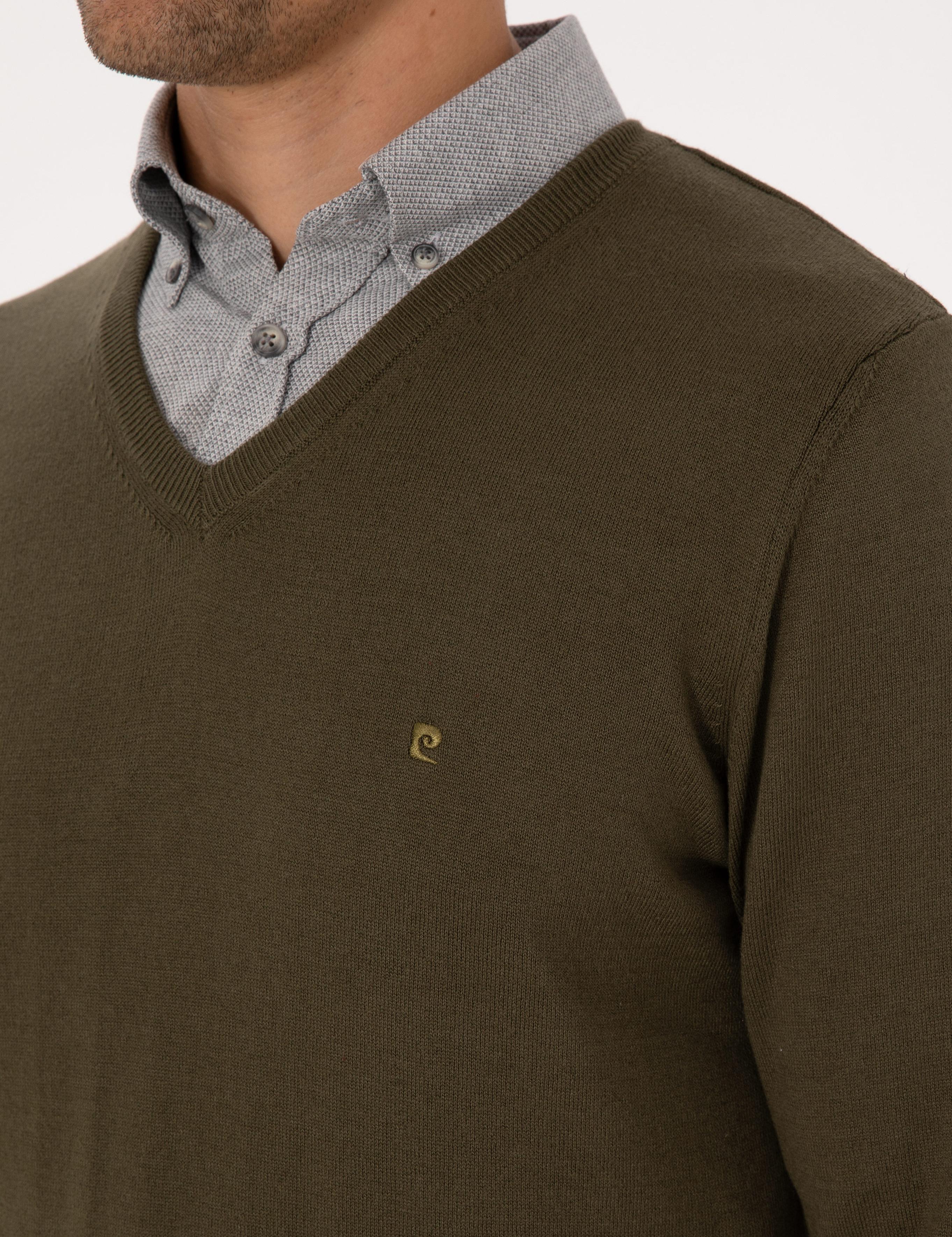 Koyu Haki Slim Fit V Yaka Basic Triko Kazak