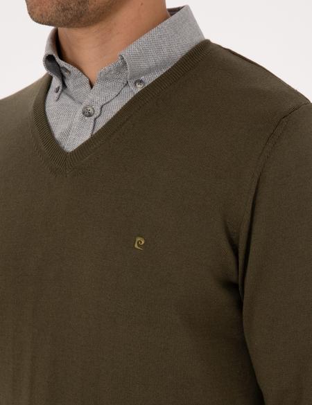 Koyu Haki Slim Fit V Yaka Basic Triko Kazak - 50314190036